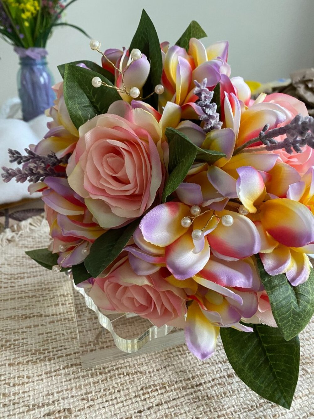 BEAUTIFUL HAND MADE BRIDAL BOUQUET NEW NEVER USED COLORS: PEACH, CREAM, LAVENDER